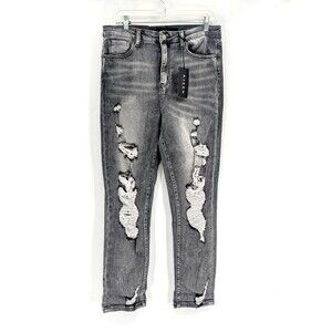 Risen Jeans Gray High Rise Distressed Ripped Skinny Straight Leg Size 32"x28"